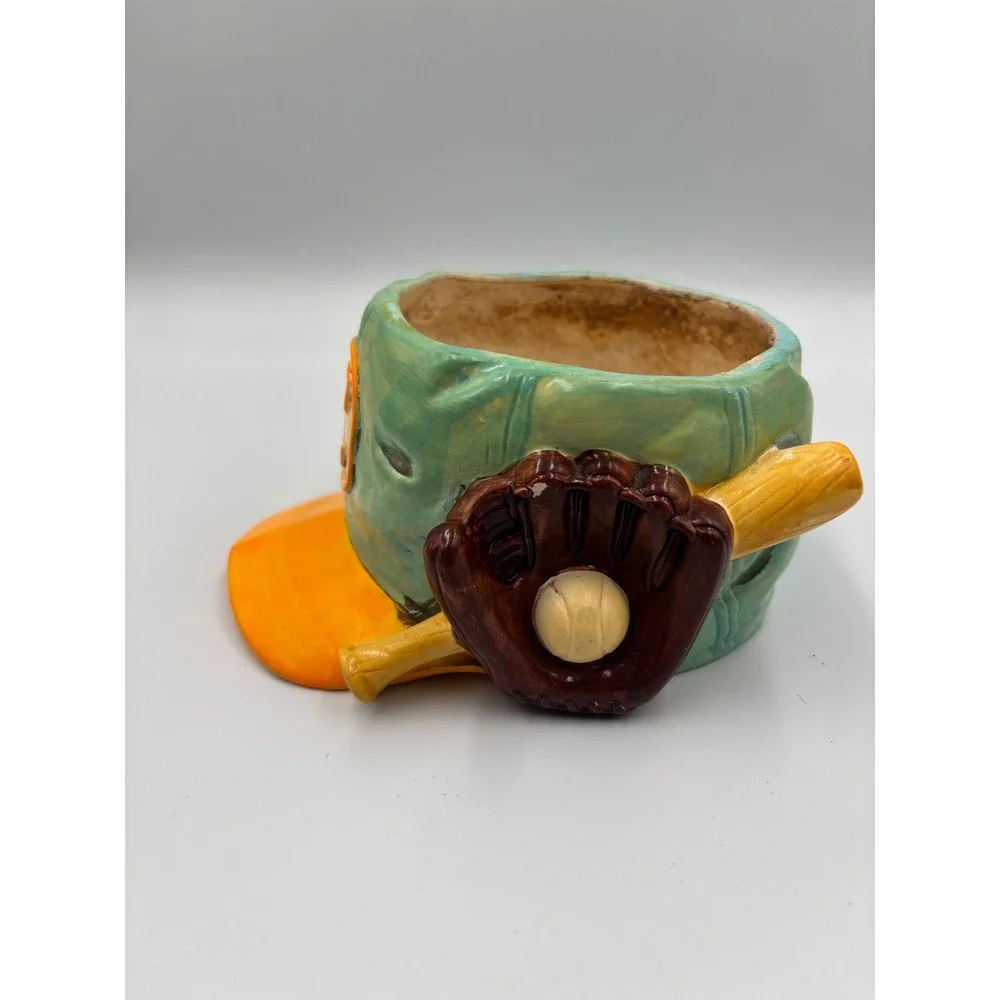Vintage Japan Baseball Cap Ceramic Planter Teal Orange Glove‎ Bat 55-124